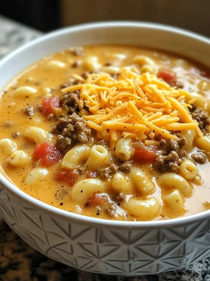 Bowl of creamy Macaroni Cheeseburger Soup topped with cheese and herbs