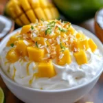 Mango Coconut Cream Delight dessert in a bowl with tropical fruits