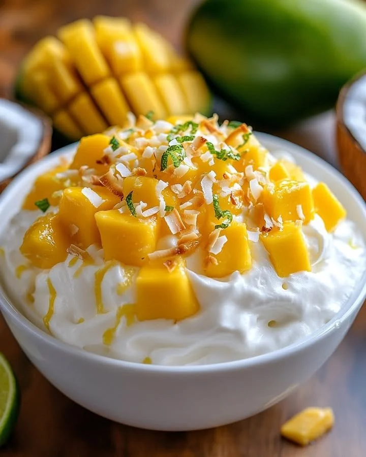 Mango Coconut Cream Delight dessert in a bowl with tropical fruits