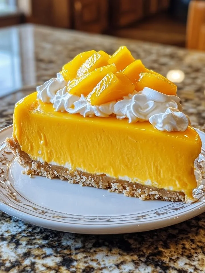 Mango Tango No-Bake Cheesecake topped with mango slices and a graham cracker crust