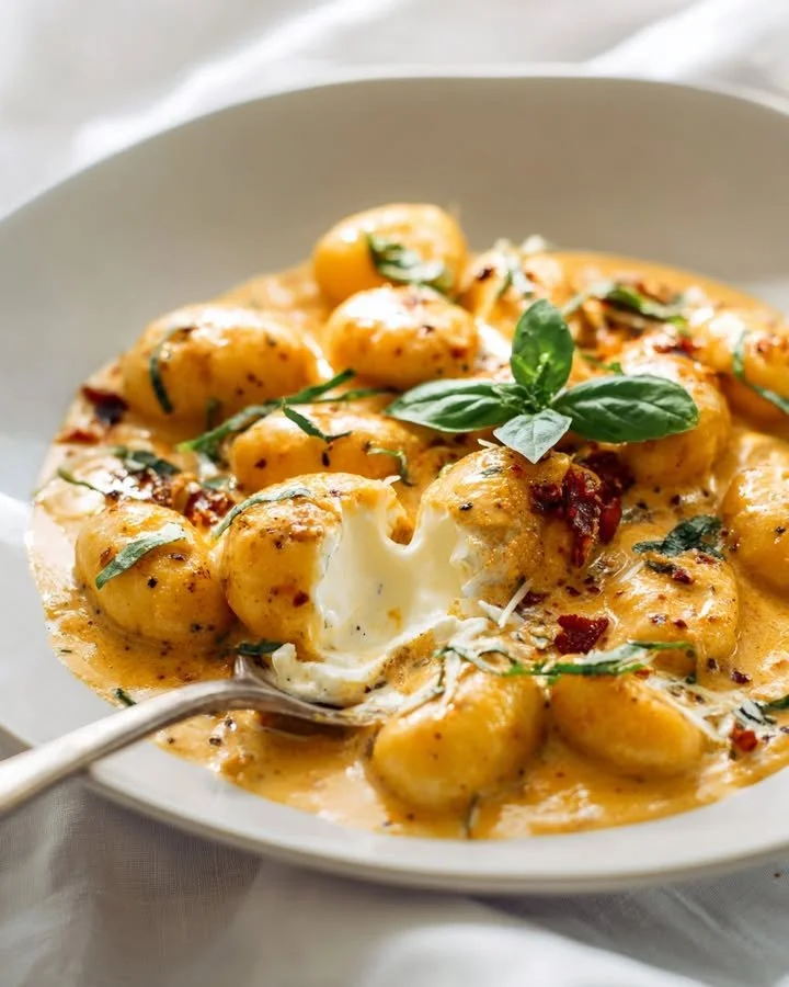 Delicious Marry Me Gnocchi dish topped with burrata cheese and fresh ingredients.