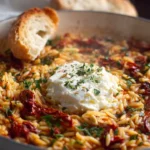 Delicious 'Marry Me' Orzo with Whole Baked Feta served in a vibrant bowl