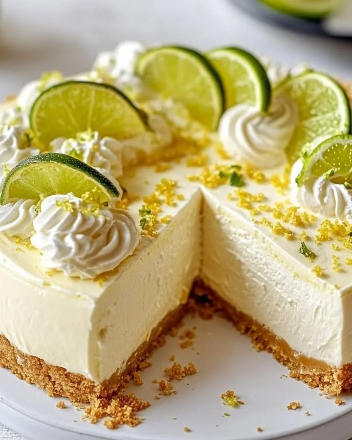 Zesty lemon lime cheesecake by Mary Berry, showcasing a vibrant yellow and green topping.