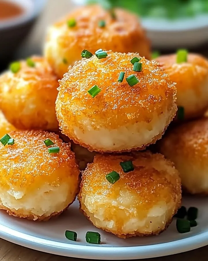 Crispy mashed potato cheese puffs served on a plate