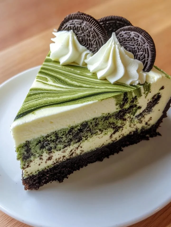 Slice of Matcha Oreo Swirl Cheesecake topped with Oreo crumbs and matcha powder.