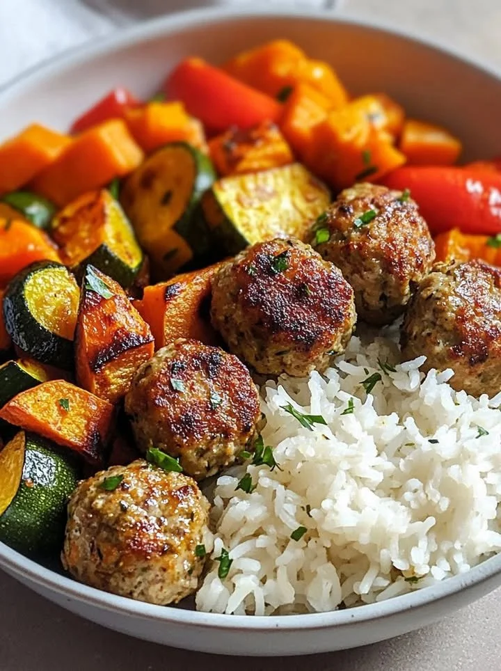 Plate of meatballs with roasted vegetables and rice for a healthy meal