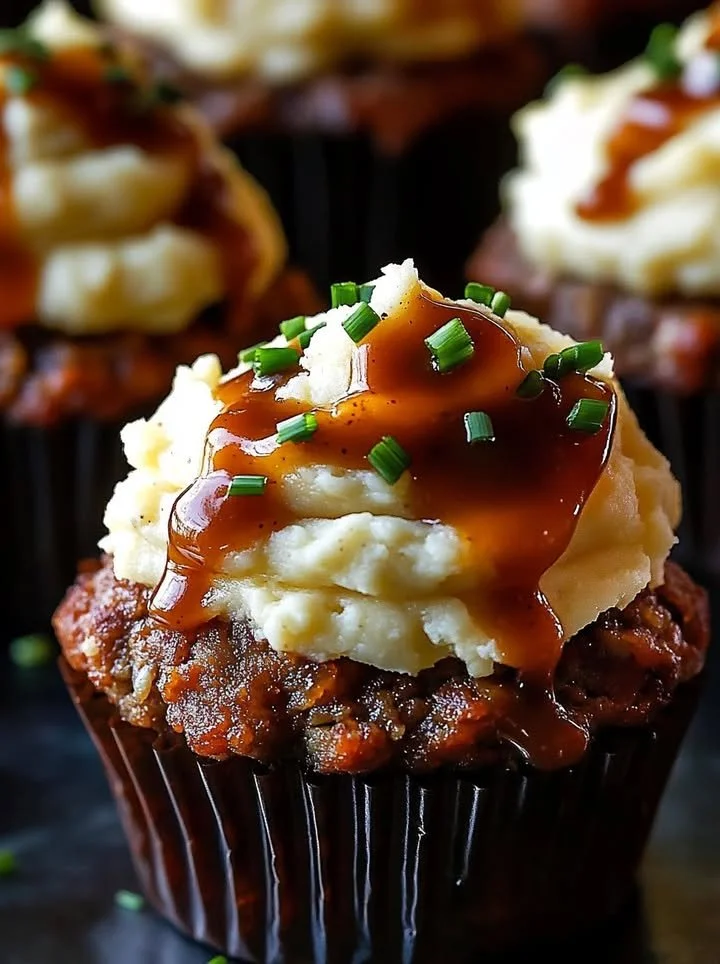 Meatloaf cupcakes topped with whipped potato frosting, beautifully plated.