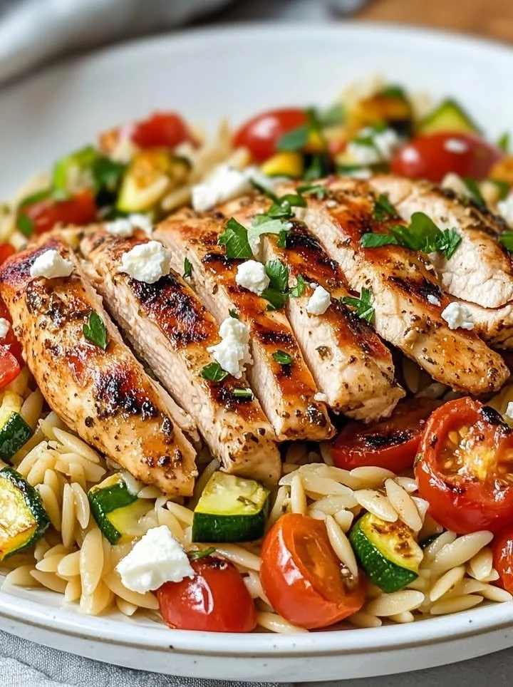 Mediterranean Chicken and Orzo Skillet in a vibrant skillet
