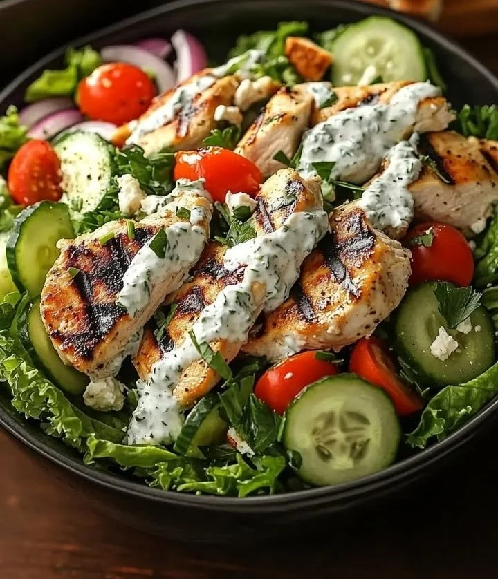 Tzatziki Chicken Salad with fresh vegetables and herbs