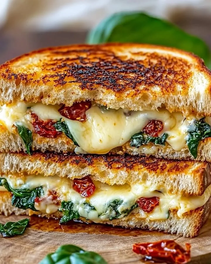 Mediterranean grilled cheese sandwich with sun-dried tomatoes and olives
