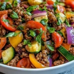 Mediterranean Ground Beef Stir Fry served with colorful vegetables and spices