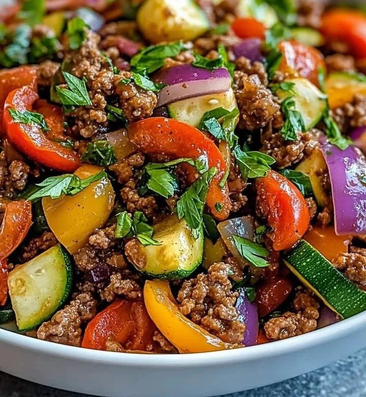 Mediterranean Ground Beef Stir Fry served with colorful vegetables and spices
