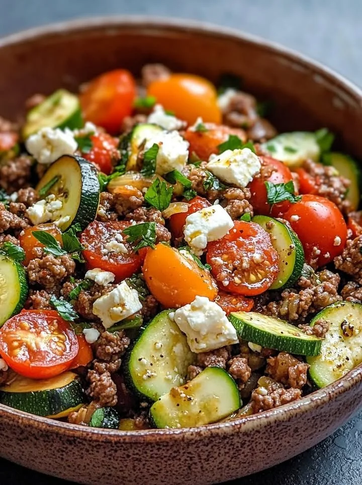 Mediterranean Ground Beef Stir Fry with colorful vegetables and herbs
