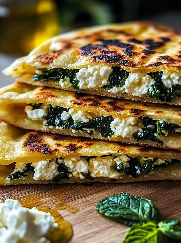 Mediterranean mint and feta stuffed flatbreads on a serving plate