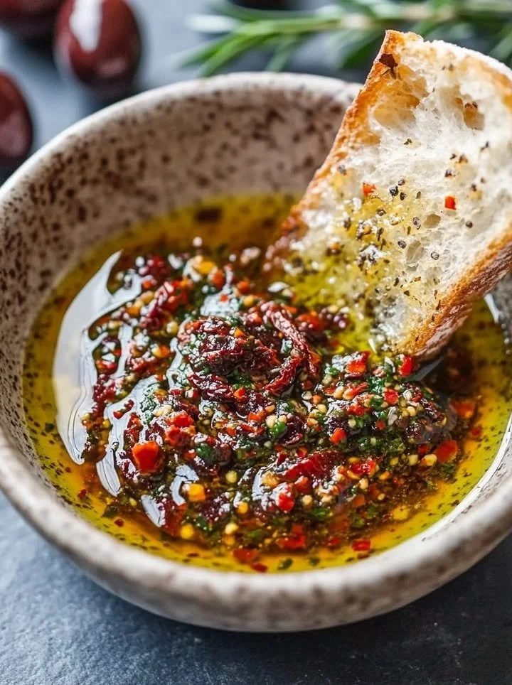 Mediterranean olive oil dip served with fresh bread and vegetables