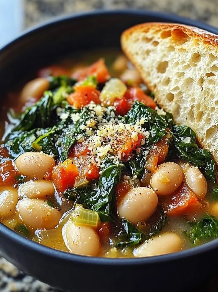Mediterranean dish of white beans and greens served in a bowl