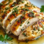 Melt in your mouth chicken breast on a plate garnished with herbs