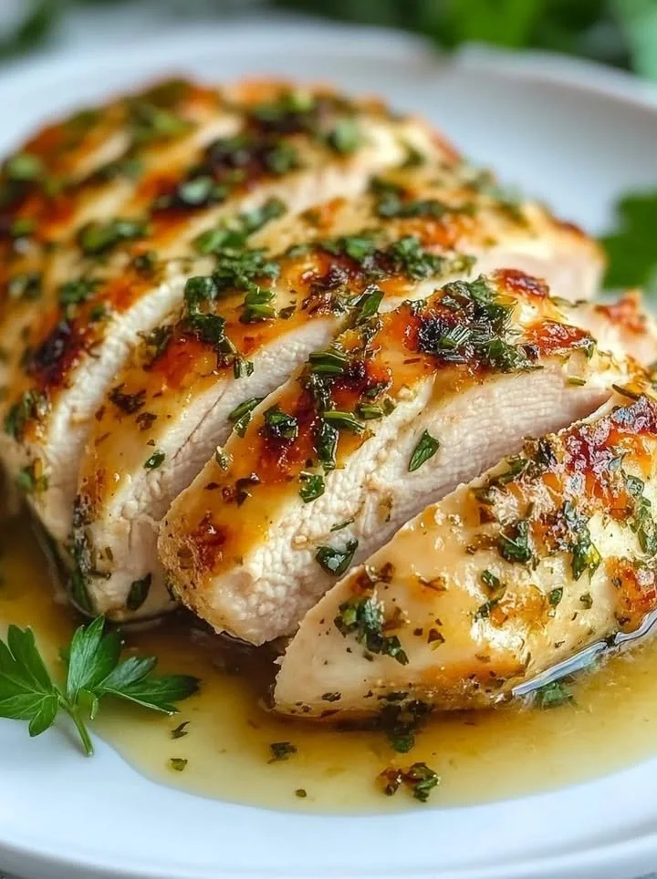 Melt in your mouth chicken breast on a plate garnished with herbs