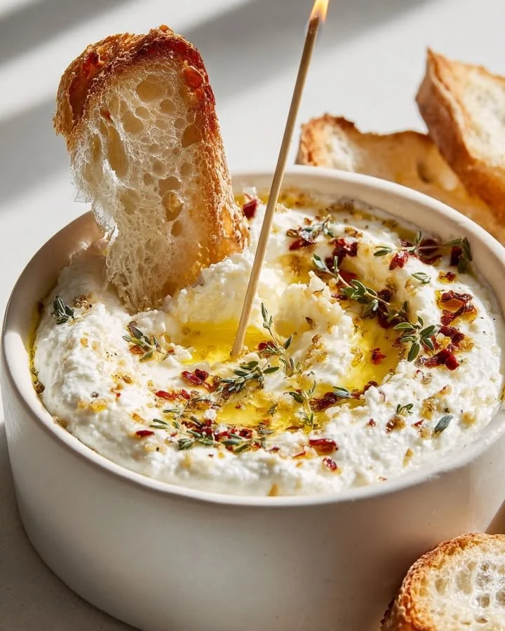 Melting candle ricotta dip with herb-garlic butter drizzling on top