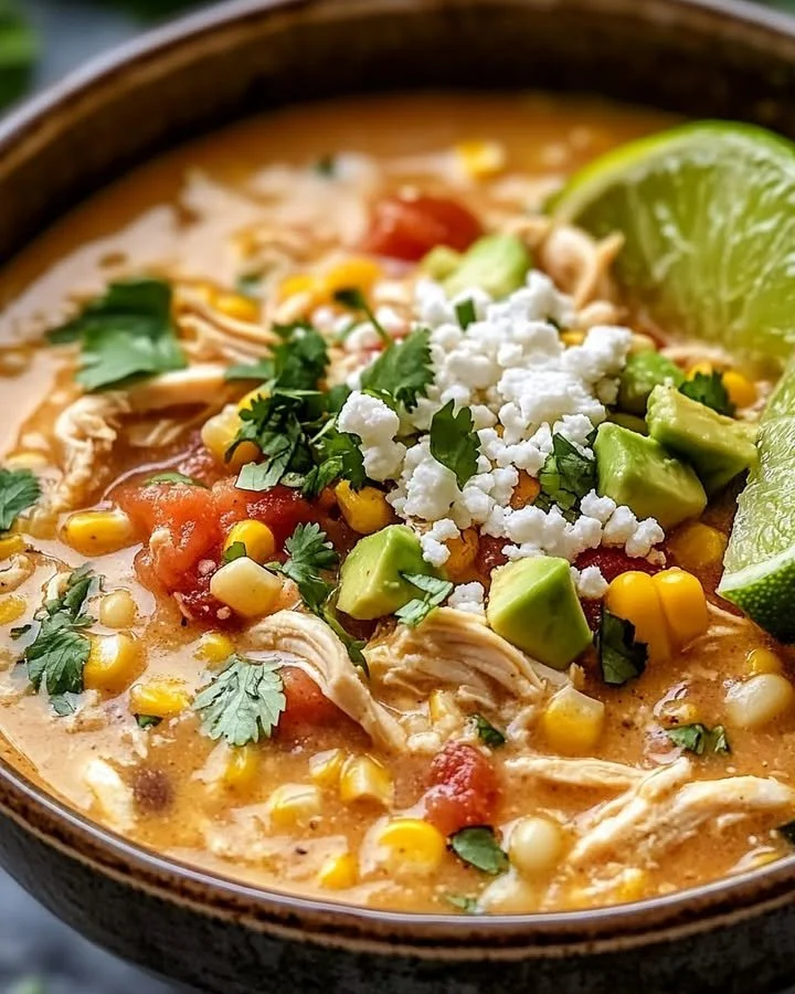 Bowl of Mexican Street Corn White Chicken Chili with toppings