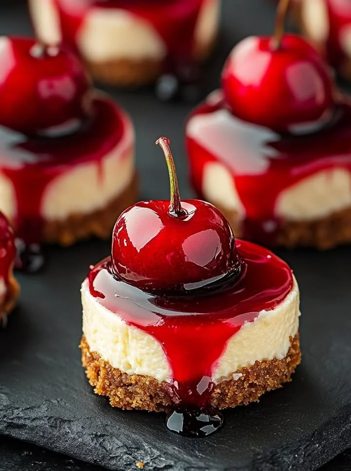 Mini cherry cheesecakes topped with fresh cherries on a decorative plate