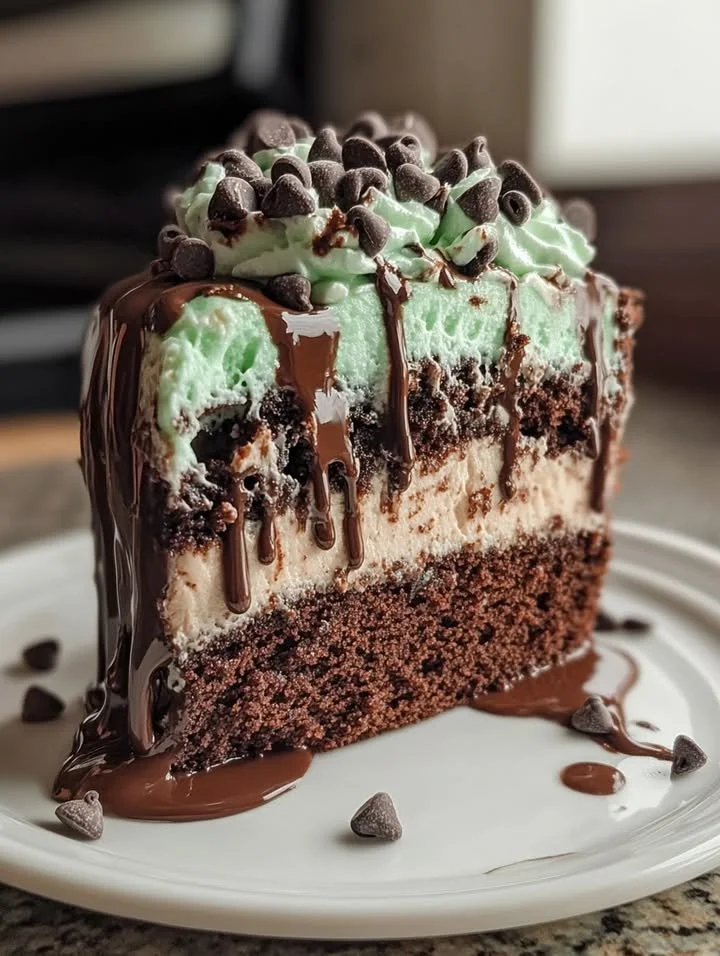 Mint Chocolate Chip Drip Cake with green frosting and chocolate drizzle