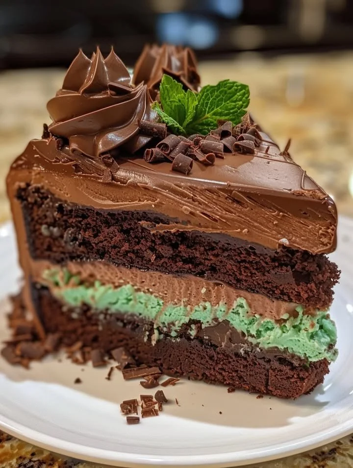 Mint Chocolate Fudge Cheesecake Cake with chocolate drizzle and mint leaves
