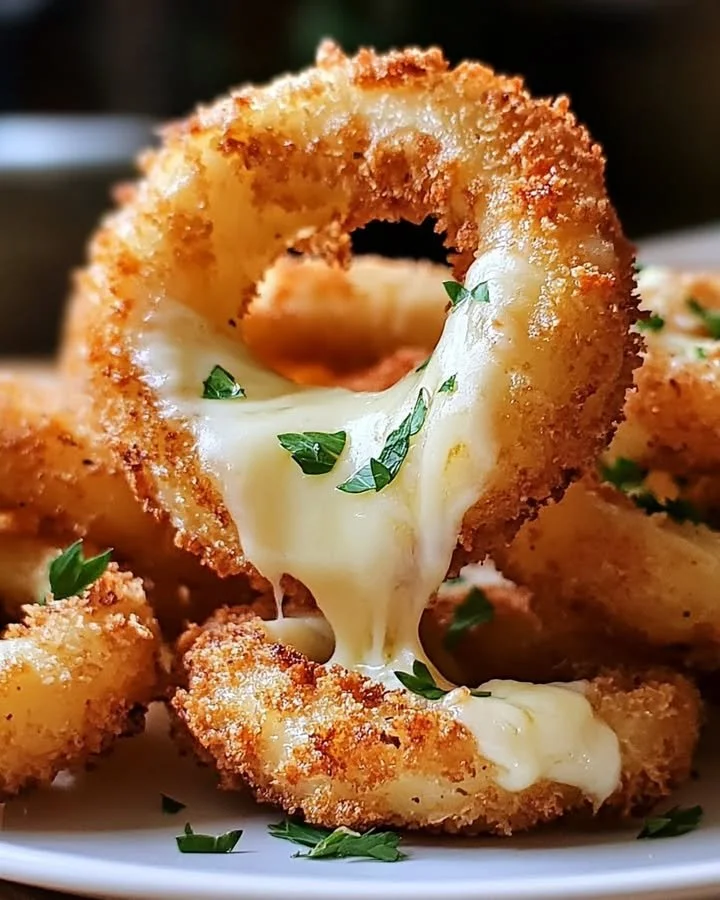 Delicious mozzarella-stuffed onion rings served with garlic butter