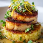 Mushroom scallops served on saffron risotto cakes for an elegant dish.