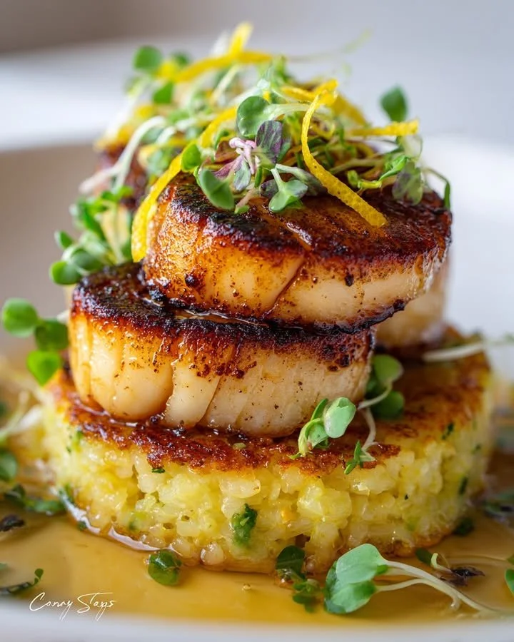 Mushroom scallops served on saffron risotto cakes for an elegant dish.
