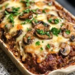 Delicious Mushroom Swiss Cheese Meatloaf on a plate garnished with herbs
