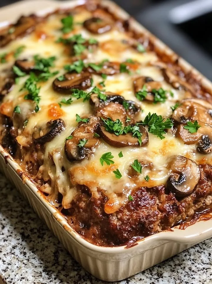 Delicious Mushroom Swiss Cheese Meatloaf on a plate garnished with herbs