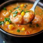 Bowl of New Orleans shrimp and corn bisque garnished with herbs and spices.