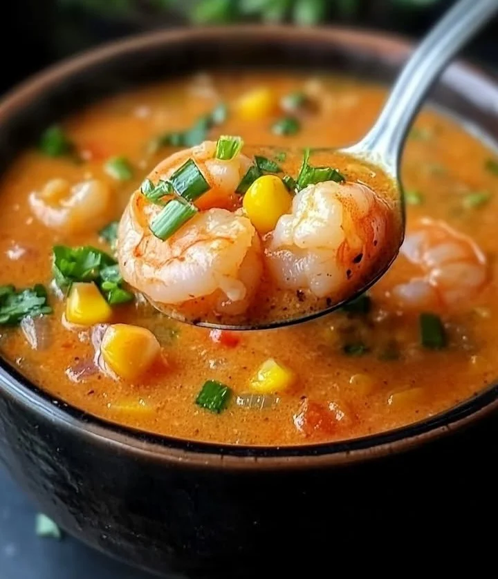 Bowl of New Orleans shrimp and corn bisque garnished with herbs and spices.