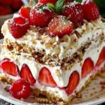 No bake berry cheesecake lasagna layered with fresh berries and creamy cheesecake.