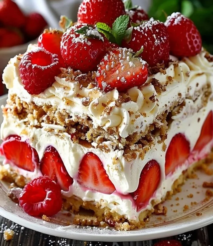 No bake berry cheesecake lasagna layered with fresh berries and creamy cheesecake.