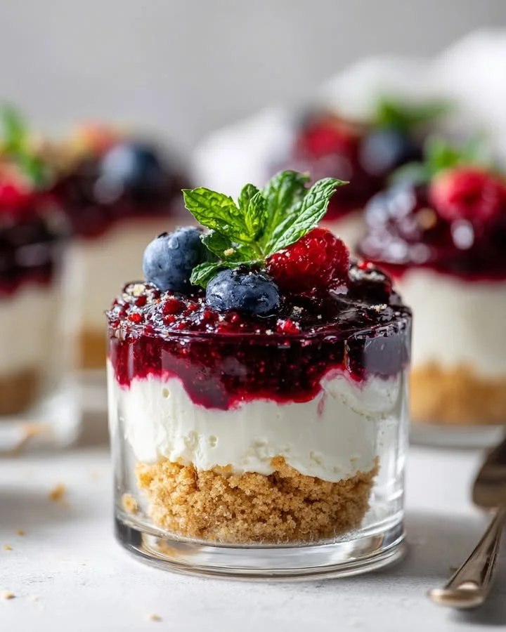 No-bake burrata cheesecake cups topped with mixed berries
