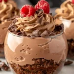 No-Bake Chocolate Cheesecake Parfait layered with graham cracker crust