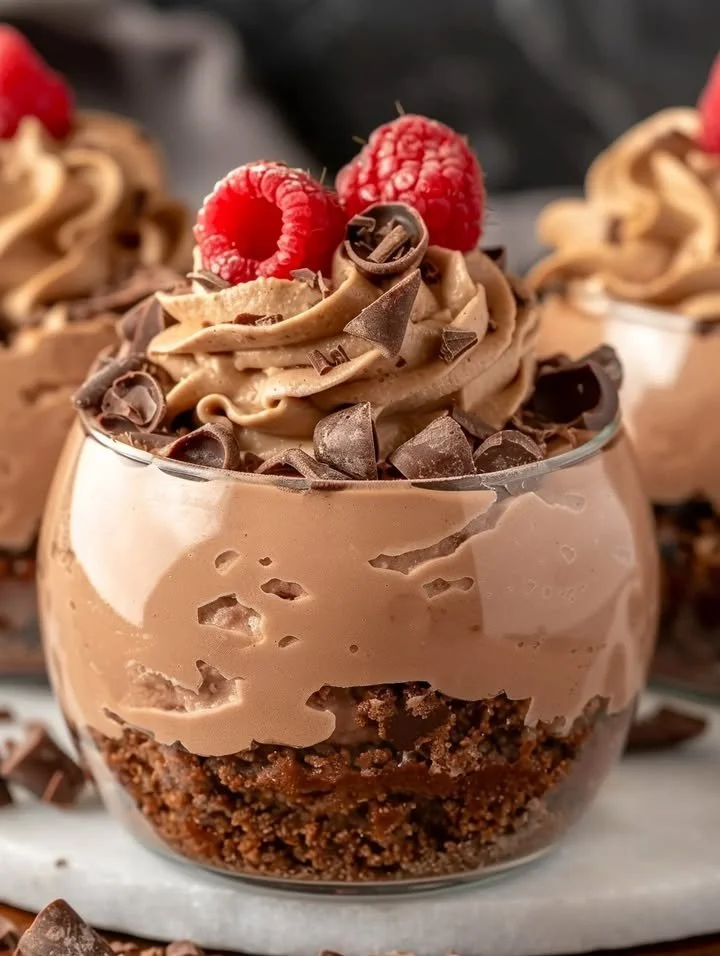 No-Bake Chocolate Cheesecake Parfait layered with graham cracker crust