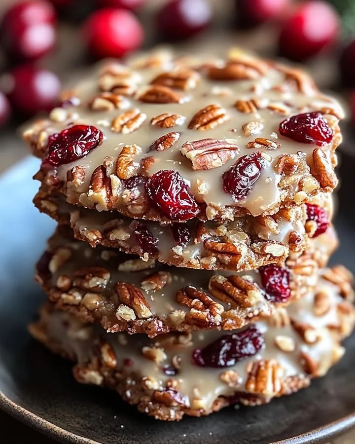 No-Bake Cranberry Pecan Praline Cookies on a plate with nuts and cranberries