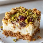 No-Bake Honey Pistachio Ricotta Bars topped with honey and nuts