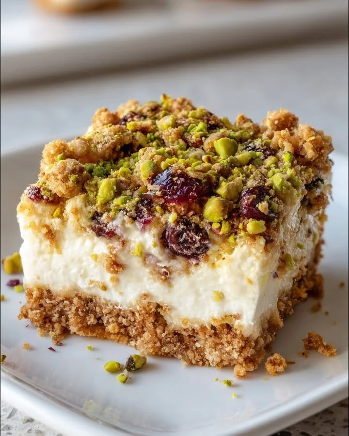 No-Bake Honey Pistachio Ricotta Bars topped with honey and nuts