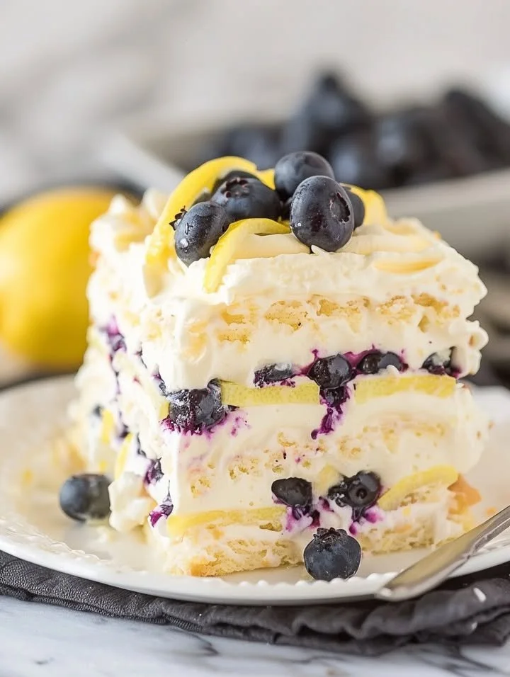 No-Bake Lemon Dazzling Blueberry Cream Cake topped with fresh blueberries