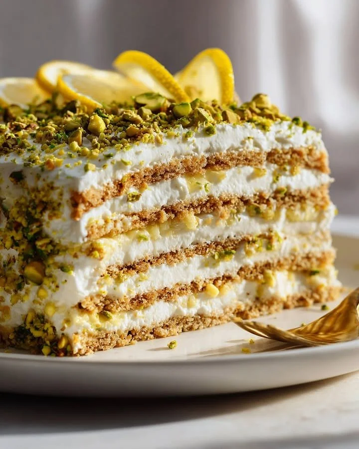 No-bake lemon pistachio icebox dessert garnished with pistachios and lemon zest