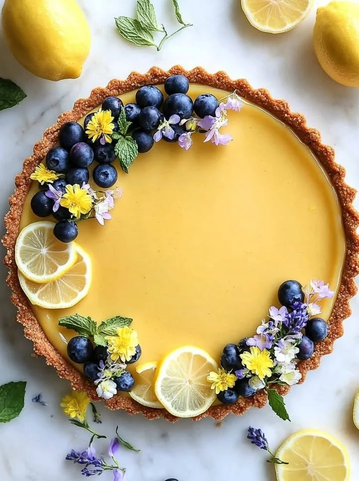 Delicious no-bake lemon tart garnished with fresh lemon slices and mint.