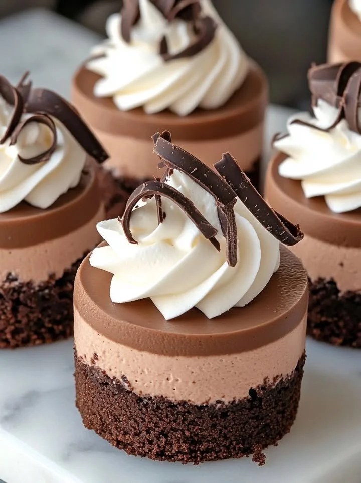 Delicious no bake mini chocolate cheesecakes ready to serve.