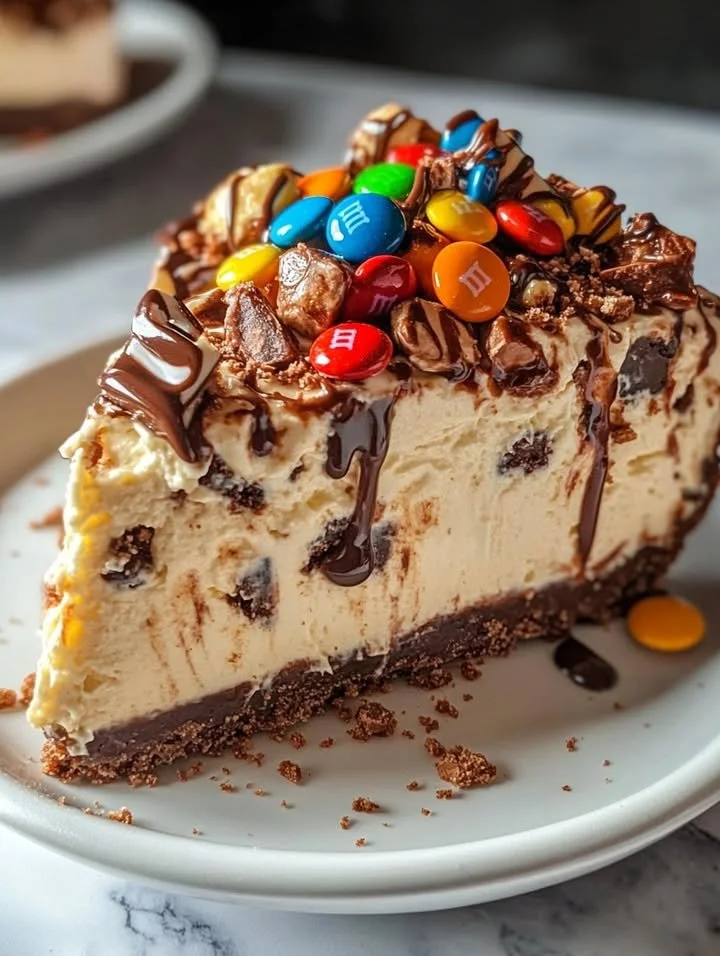 No-bake M&M Snickers cheesecake topped with colorful candies and chocolate drizzle