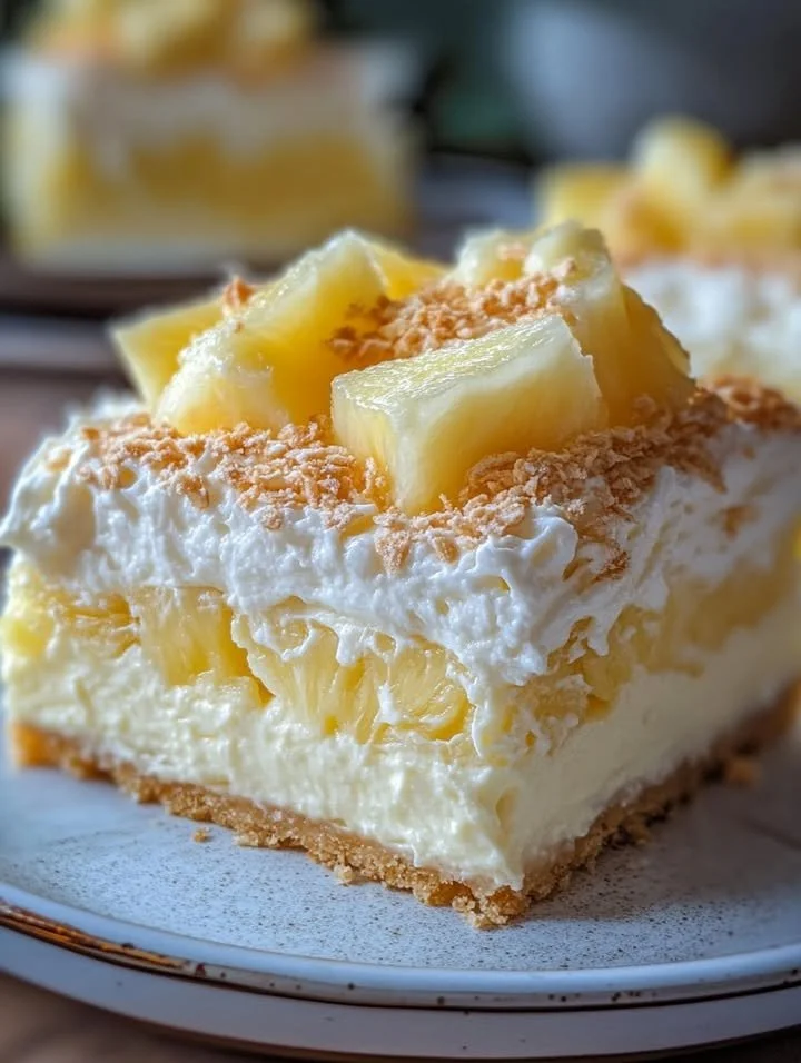No-bake pineapple cream dessert topped with fresh pineapple slices.