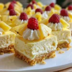 No-Bake Pineapple Heaven Cheesecake topped with fresh pineapple slices and whipped cream