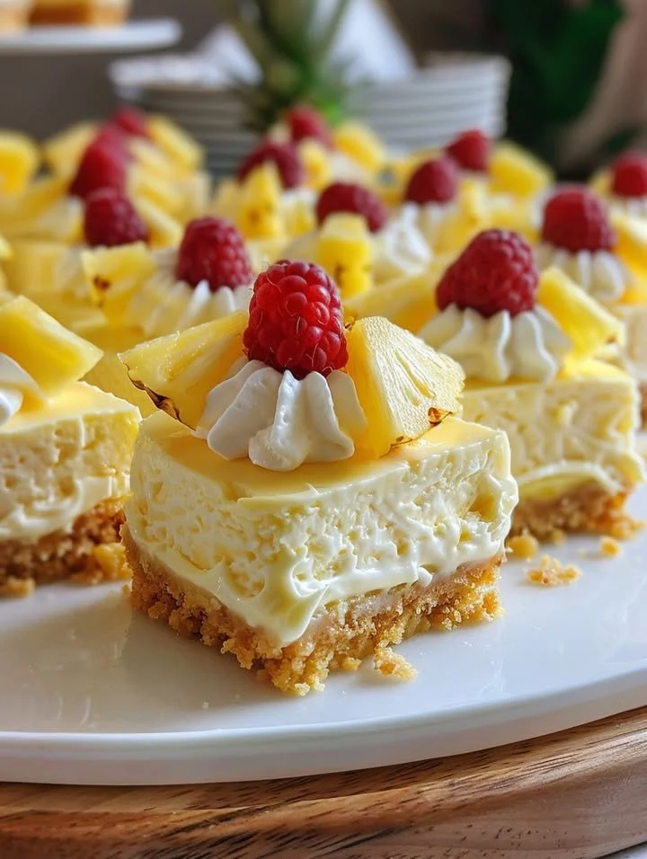 No-Bake Pineapple Heaven Cheesecake topped with fresh pineapple slices and whipped cream